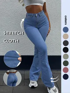 Y2K Women's Slim Fit Flare Denim Jeans, Casual Button Front Pocket Design, High Waist Long Jeans, All Season Wear, Daily Gift Set
