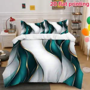 2D Flat 3Pcs Elegant Abstract Teal & Gold Wave Pattern Duvet Cover, Soft Microfiber Bedding (1 + 2 Pillowcases, Unfilled) for Modern Bedroom Decor, Home Textiles Accessories