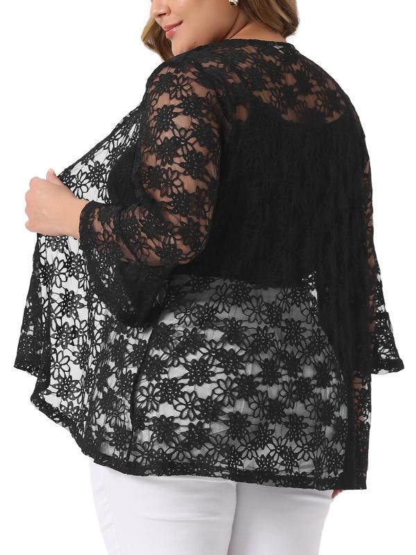 Agnes Orinda Plus Size Cardigans for Women Open Front 3/4 Bell Sleeve Sheer Lightweight Lace Cover Up Black