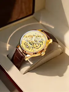 Men's Luxury Vintage Skeleton Watch Polished Gold Tone Case, Crocodile Embossed Genuine Leather Band, Skeleton Gear Dial, Date Window, Ideal for Business Commute & Premium Gifting