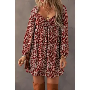 Red Floral Print Sweetheart Neck Shirred Back Mini Dress - Arrives in 12 to 15 days elegant  dresses bubble  dress