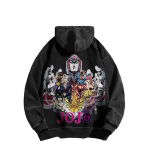 JoJo's Bizarre Adventure Anime-Inspired Washed American-Style Hoodie, USA-Made 100% Cotton Men's Streetwear, Relaxed Fit High-Quality Top