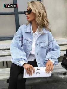 Women's Elegant Loose Fit Denim Jacket, Embroidered Beaded Sleeves, Button Fly Closure, Casual Outwear for Spring & Fall