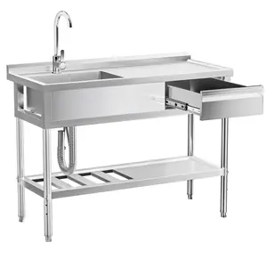 Stainless Steel Utility Sink, Free Standing Single Bowl Commercial Kitchen Sink w/Workbench & Storage Shelf, w/Hot & Cold Water Pipes & Faucet for Laundry Room, Farmhouse, Indoor/Outdoor