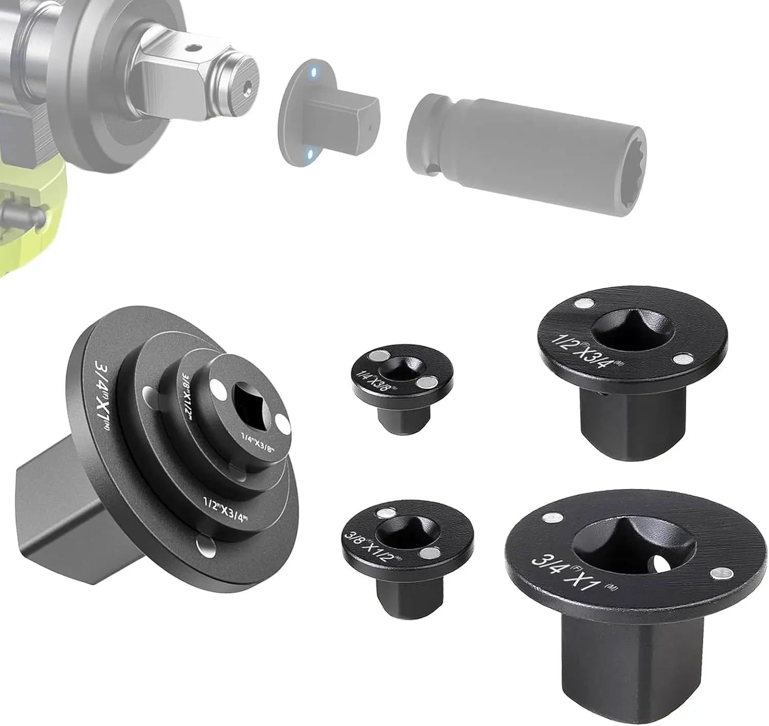 VAYWET 4PC 2026 New Low Profile Impact Socket Adapter Set Industrial Drive Ratchet & Wrench Adapter Hardware Kit: 3/4" to 1", 1/2" to 3/4", 1/2" to 3/8", 1/4" to 3/8" Set Stainless Steel Industrial Drive Ratchet & Wrench Adapter Set for Tight Spaces