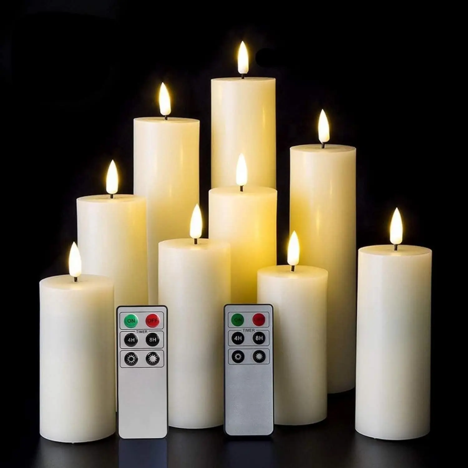9-Piece Realistic Ivory Slim Real Wax Flameless Pillar Candles, Tall Flickering LED Battery Candles with Remote, Old-Fashioned Novelty Lighting for Fireplaces