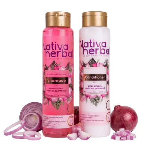 Nativa Herbal Onion Shampoo + Repair Treatment Set with Biotin & Panthenol for Hair Growth, Anti Hair Loss, Volume & Frizz Control | Shampoo de Cebolla con Biotina para Crecimiento, Caída y Cabello Largo | Daily Cleanser 18.5oz