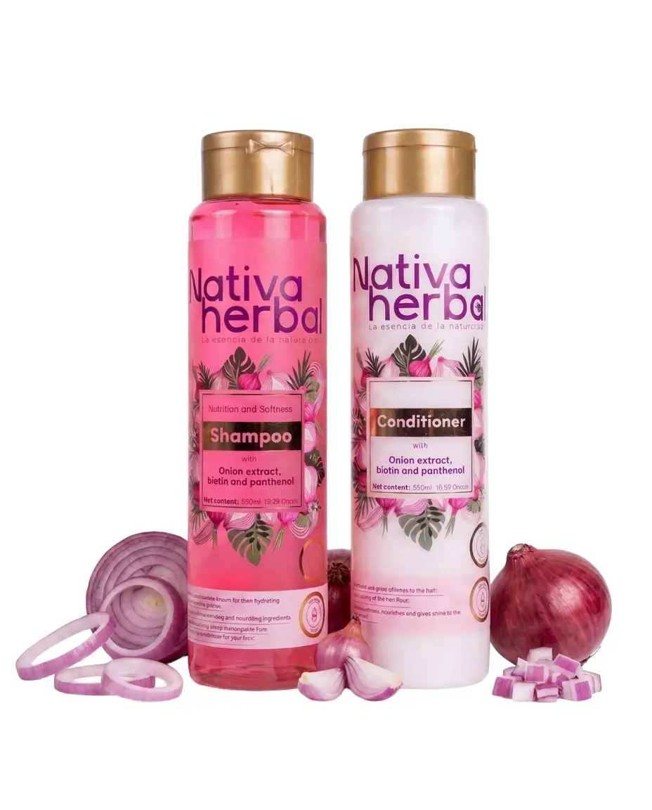 Nativa Herbal Onion Shampoo + Repair Treatment Set with Biotin & Panthenol for Hair Growth, Anti Hair Loss, Volume & Frizz Control | Shampoo de Cebolla con Biotina para Crecimiento, Caída y Cabello Largo | Daily Cleanser 18.5oz