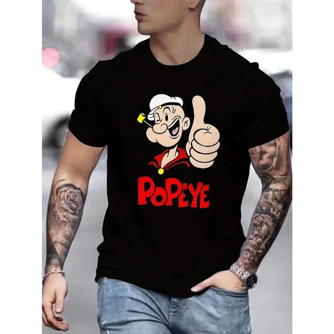 Men's Novelty Popeye Graphic Menswear Top - Breathable Shortsleeve Cotton Knit Crew Neck Tee, Lightweight Polyester Fabric with Thumbs-Up Design, Perfect for Spring & Summer Everyday Wear