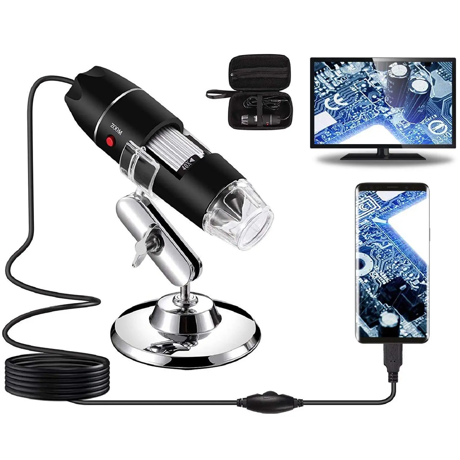 Usb Digital Microscope 40x To 1000x  8 Led Magnification Endoscope Camera With Carrying Case & Metal Stand Compatible For Android Windows 7 10 11 Linux (not Iphone/ipad)