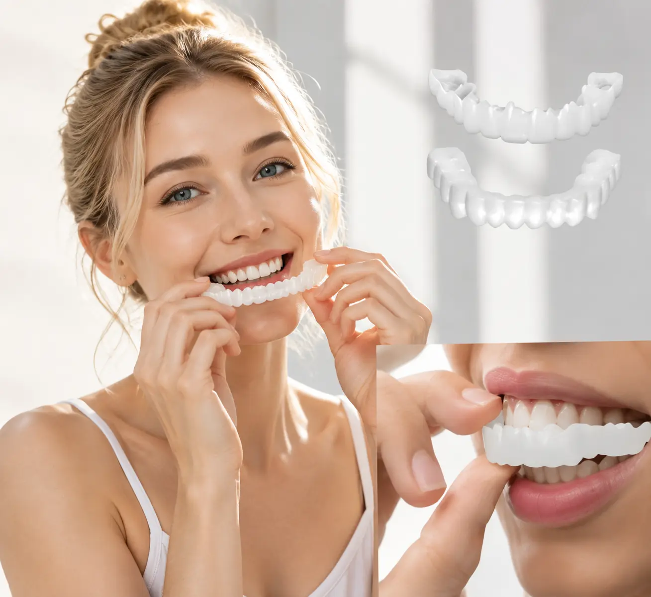 Daily Silicone Snap-On Smile False Teeth Set (2-Pair with Polypropylene), Instant Veneers, Cosmetic Whitening Covers, Clip-In Top & Bottom Dentures for Stain Coverage & Radiant Smiles