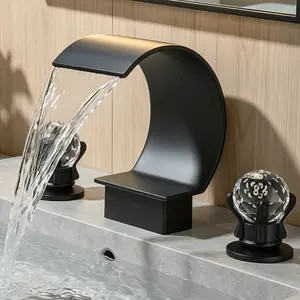 Matte Black Waterfall Bathroom Faucet for Sink 3 Hole 8 Inch Widespread Bathroom Sink Faucets with Supply Lines Stainless Steel 2-Handle Bathroom Sink Faucet Suitable for Vanity Rv Commercial Lavatory Restroom