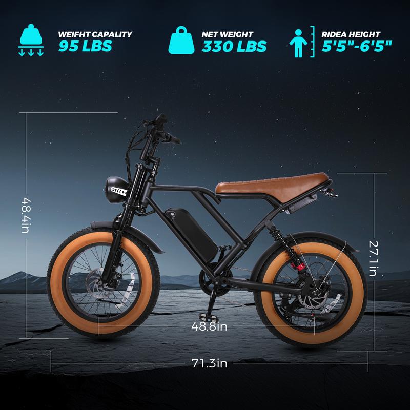 Electric Bike for Adults Peak 1000W, 31MPH,48V 17.5AH, E-Bike,35-45 Miles Electric Motorcycle, 20" Fat Tire Dirt Bike, UL2849 All Terrain for Mountains, Snow, Sand, Road