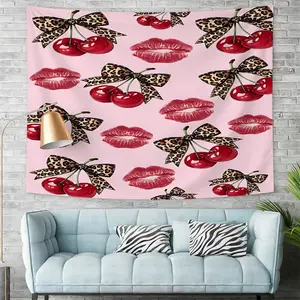 Cherry-Red Lips, Leopard Print, and Bowknot Tapestry — A "Sweet & Edgy" Wall Hanging. Perfect for Creating an Atmospheric Backdrop In Bedrooms (Above The Bed), Living Rooms, or Live-Streaming Studios. Easy To Install and Machine Washable.