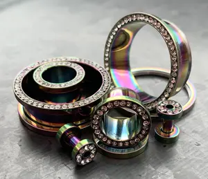 PAIR of Unique Rainbow PVD plated CZ Gem Rimmed Tunnels/Plugs - Gauge 10g (2.5mm) thru 1" (25mm)
