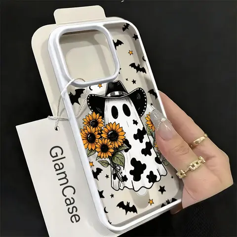 KKLLYY Western Cowboy Ghost Sunflower Acrylic Magnetic Wireless Protective Phone Case - Cow Print, Ghost-Bat-Star-Moon Halloween Design, Rustic Spooky Fall Halloween Gift, Phone Shell, Accessories for iPhone 18/17/16/15/14/13/12/11 Plus Pro Max & Series,