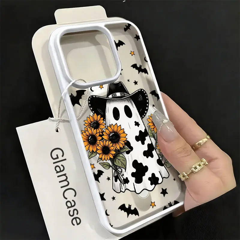 KKLLYY Western Cowboy Ghost Sunflower Acrylic Magnetic Wireless Protective Phone Case - Cow Print Ghost-Bat-Star-Moon Halloween Design, Rustic Spooky Fall Gift, Phone Accessories Casing Cover for iPhone 18/17/16/15/14/13/12/11 Plus Pro Max & iPhone Series