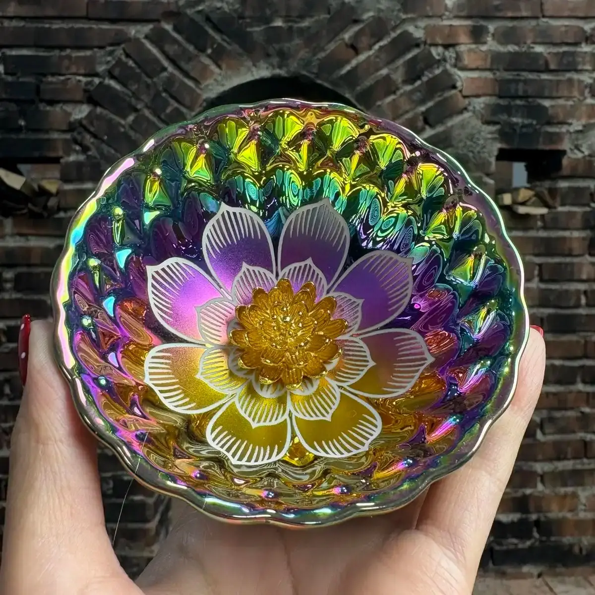 Artisan Porcelain Tea Bowl - Stylish Aesthetic Tableware, Iridescent Rainbow Enamel, 3D Golden Lotus Flower, Wavy Rim, Decorative Ceramic Bowl