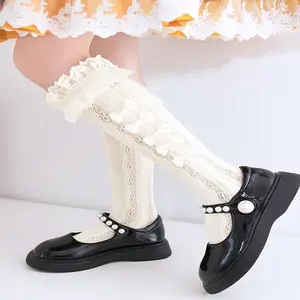 1 Pair of Elegant White Lace Knee-High Socks with Floral and Ribbon Accents - Perfect for School and Formal Events, Polyamide Blend, Machine Washable, All-Season Wear, School Uniform Socks |   Ribbon Decor Socks |   Stretchy Fabric Socks, Knee High Socks