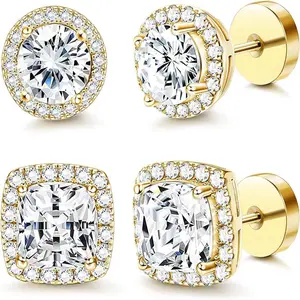 4pcs 18K Gold Plated Hypoallergenic Earrings,Cubic Zirconia Stud Earrings for Women Men,Brilliant Stud Earrings for Ears,Comfortable Skin-Friendly Jewelry Gift
