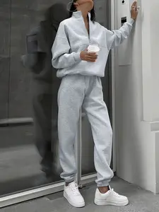 Women's Light Grey Half - Zip Sweatshirt & Cuffed Pants Set