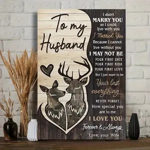 1 Piece Wooden Frame Wedding and Anniversary Gift - Romantic Deer Couple Canvas Painting with Wedding Vows - Brown/Beige Wood Grain Background - Hangable Horizontal Love Quote Wall Decoration, Suitable for Bedroom, Living Room, Home Office - Couple Decora