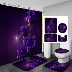 1/3/4PCS Rose Flower Floral Shower Curtain Set, 71x71 Inches, Includes Background Pattern, Comes with 12 Hooks, 1/3/4pcs Options