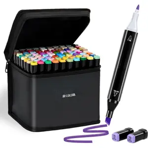 Markers, 80 Colors Dual Tip Art Coloring Markers Set for Adult Book Drawing Sketching Painting, Chisel & Fine, Black Penholder
