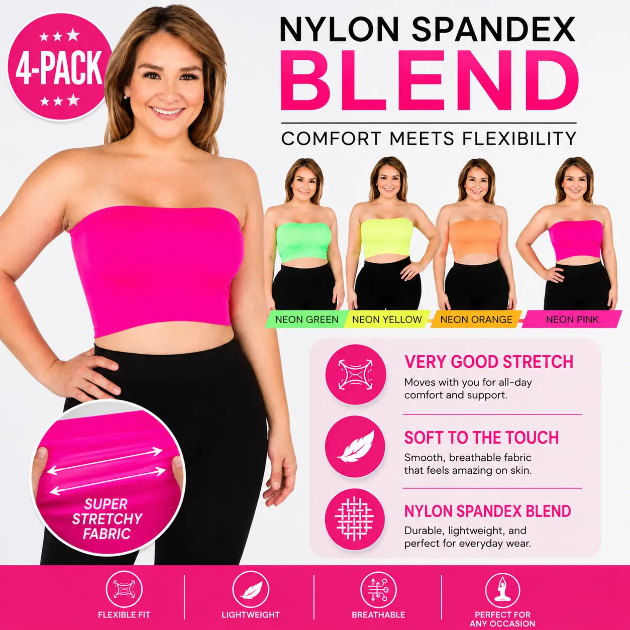 Seamless Bandeau Bra Top for Women, Layering Strapless Tube Top Bra Neon PLUS Size 4-Pack