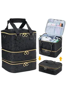 Nail Polish Storage Bag, Three-Layer Manicure Tool Organizer Box, PU Leather Holds 60 Nail Polishes and LED Lights, Suitable for Various Scenarios, Makeup Storage Bag