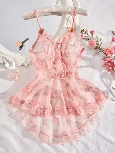 Dlsave New Erotic Lingerie Set, Sexy Women's Mesh Butterfly Knot Ditsy Floral Print Sleepwear, Seductive Underwear Collection