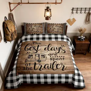 Happy Camping Comforter Set,Camper RV Trailer Decor Bedding Set Adults,Rustic Wooden Plank Geometric Grids Down Comforter,Brown Retro Duvet Insert