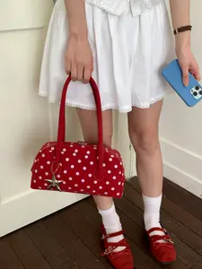 1 Pcs Red Polka Dot Star Charm Boston Barrel Bag, Y2K Retro Sweet Cool Top Handle Shoulder Bag, Fashion Handbag for Women Daily Commute Dating