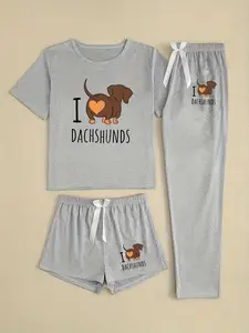 Women's Cartoon Sausage Dog Letter Print Pajama Set, Matching Pj Set, Fitted Sleepwear for All Seasons, Casual Style Three-Piece Loungewear
