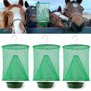 3-Pack Ranch Fly Traps Outdoor Reusable Hanging Fly Traps Nets with Food Bait Tray Green Catcher Cage for Indoor Outdoor Farms Park Stable Garden Restaurants Family Use