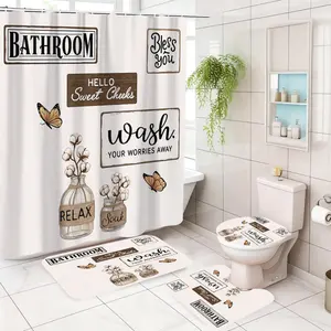 Bathroom Full Set Accessories Kit, Shower Curtain Sets, Includes Shower Curtain, Bath Mat, Toilet Seat Cover & Hooks, Ideal Holiday Gift, Home Decor