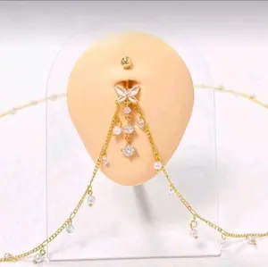 Butterfly Belly Piercing with Waist Chain Gold-Tone Design Featuring Crystal and Pearl Accents