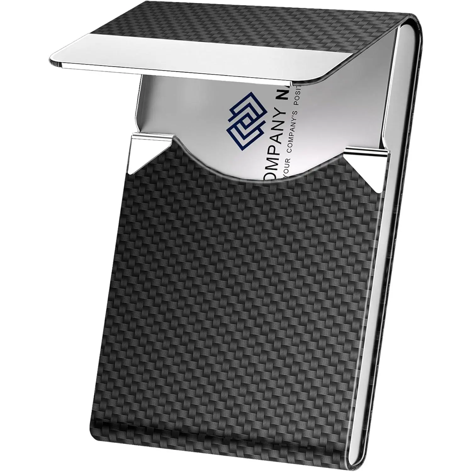 Carbon Black Office Business Card Holder - Stainless Steel Slim Case with Closure, PU Leather RFID Blocking Name Card Holder for Men, Classy Pocket Desk Organizer Accessory
