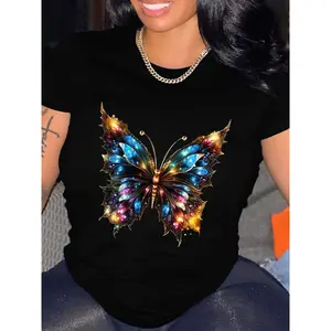 Women's Luminous Butterfly Print T-Shirt | Rayon 100% | Crew Neck, Short Sleeve | Multi-Color Glossy Finish | Stretchable & Comfortable | All-Season Wear | Ideal for Casual Outfits, Casual Wear Top | Butterfly Graphic Tee | Rayon Fabric