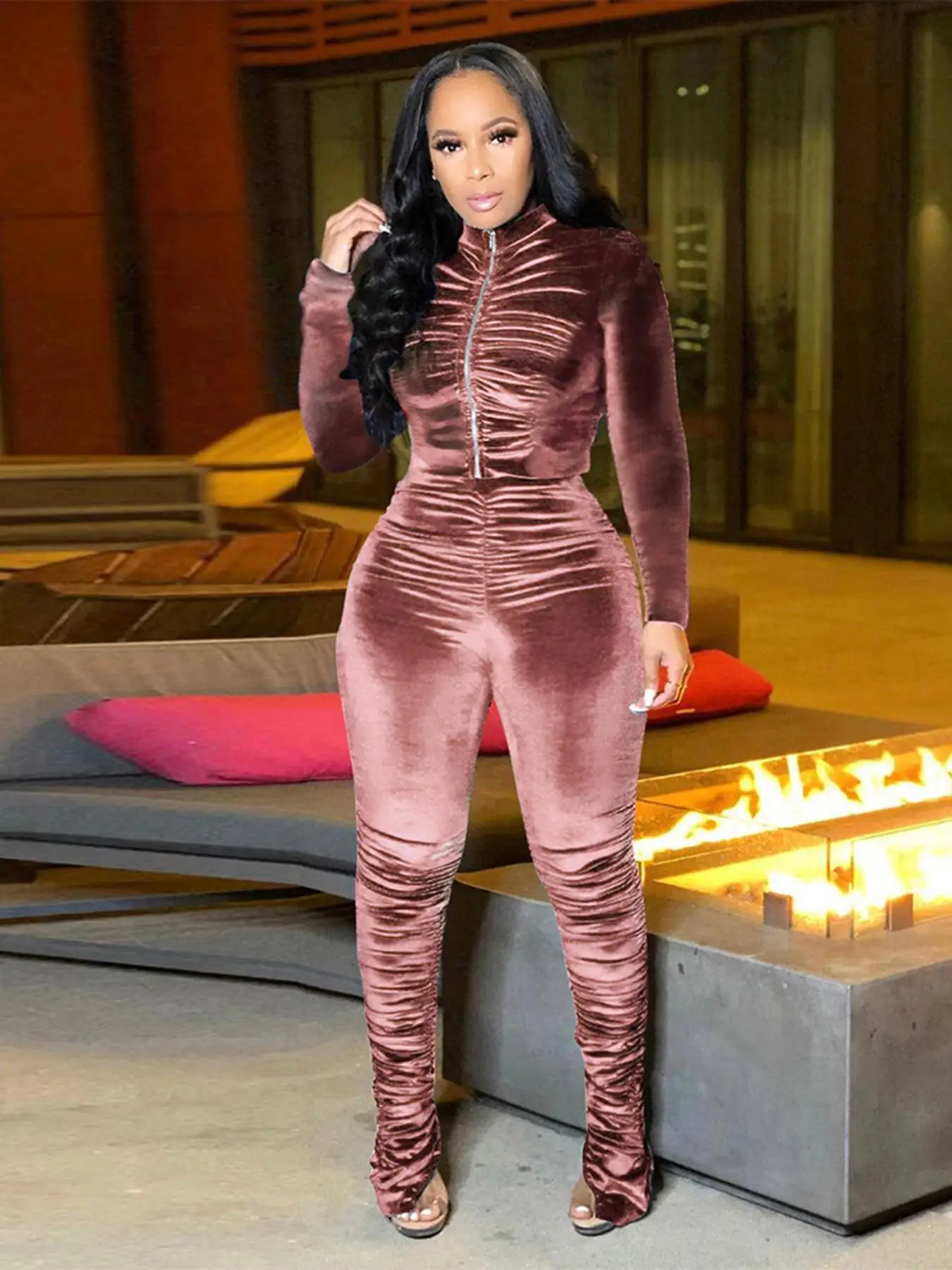 Two-piece Set Women's Solid Velvet Ruched Zip Up Jacket & Pants, Casual Long Sleeve Mock Neck Top & Trousers for Daily Wear, Ladies Spring & Fall Clot