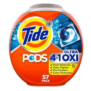 Tide PODS Liquid Laundry Detergent Soap Pacs, 4-n-1 Ultra Oxi, HE Compatible, Built in Pre-treater for Stains, 57 Count