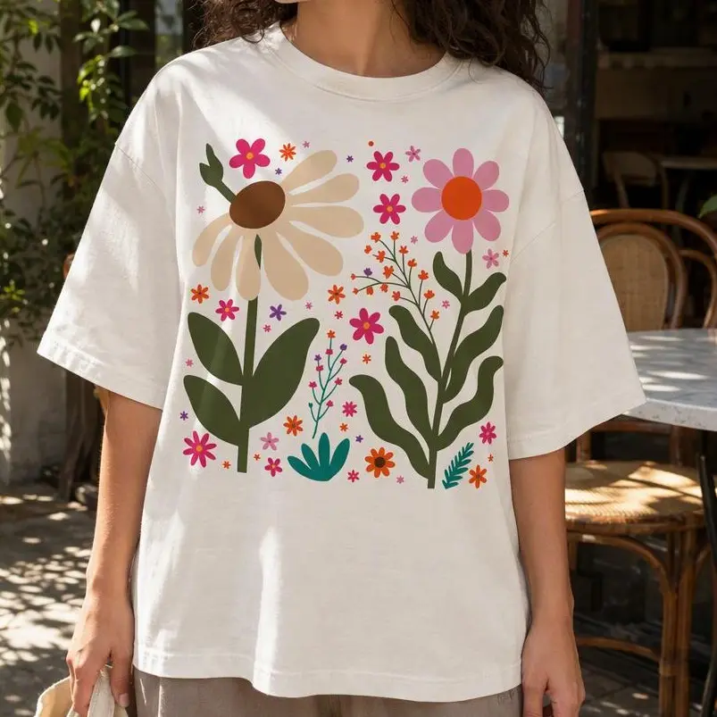 Boho Botanical Floral Women 100% Cotton Tee Breathable Retro Daisy Graphic Shirt Plus Size