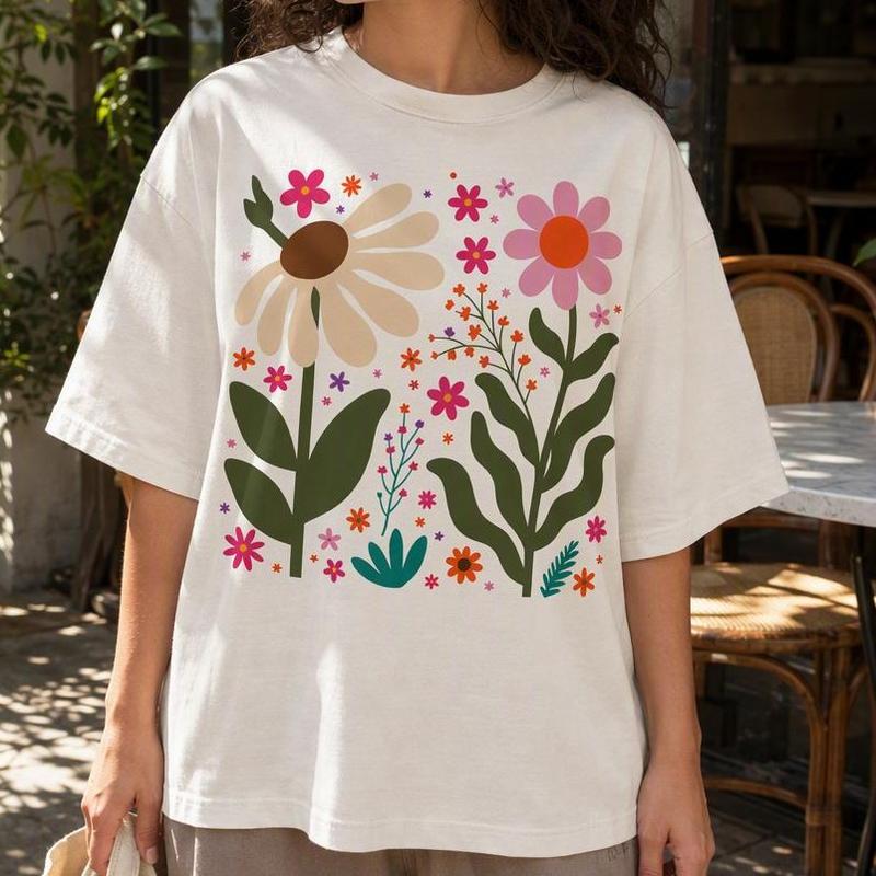 Women's 100% Cotton Crew Neck Short Sleeve Fashion T-Shirt - Baggy, Loose-Fit, Boho Drop Shoulder, Breathable Retro Daisy Floral Graphic Plus Size Casual Tops