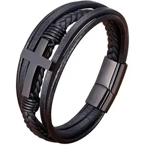 Men's Multi Wrapped Cross Bracelet - A Symbol of Strength and Faith, Perfect Christmas Gift, Leather Weaving, Durable and Versatile, for Dad and Boyfriend
