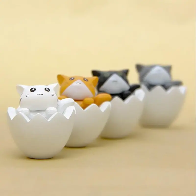 4-Piece Cute Creative Artistic Eggshell Cat Figurines, DIY Miniature Garden Ornament, Desktop Decoration, Collectible Figures with Eggshell Base