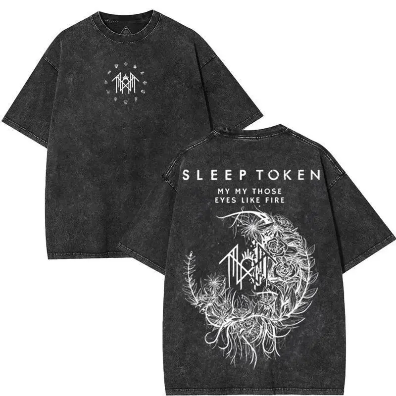 Men's Short-Sleeve Acid Washed Cotton T-Shirts - Sleep Token Flowers Heavy Metal Gothic Y2K Oversized Music Graphic Menswear, Soft OTG Clothes Merch for Men Gifts