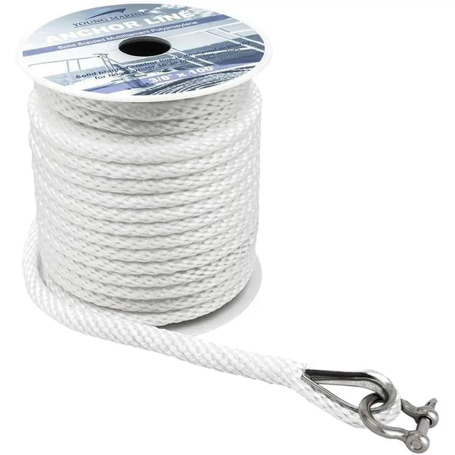 Solid Braid MFP Anchor Rope, 3/8 x 100' White Lightweight and Floatable Rope with Stainless Steel Thimble & Shackle, Stays Flexible Through Its Life, For Under 16' Boats, Manufacturer Warranty