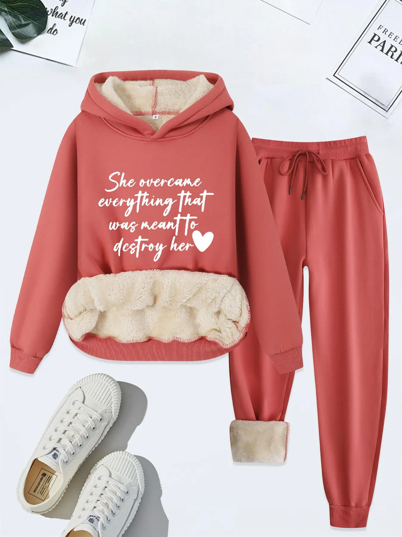 Women's Letter Print Thermal Lined Hoodie & Drawstring Waist Sweatpants Two-piece Set, Co Ord Sets, Casual Long Sleeve Hooded Sweatshirt & Pocket Pants, Womenswear, Women's Fall & Winter Clothes, Cozy Lounge Set