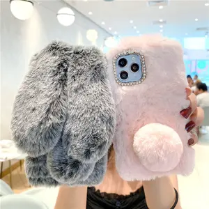 Plush Warm Phone Case For iPhone 14 13 11 12 Pro XS Max XR X Cute Rabbit Ears Fluffy Fur Cover For iPhone 5 5S SE 6 6S 7 8 Plus