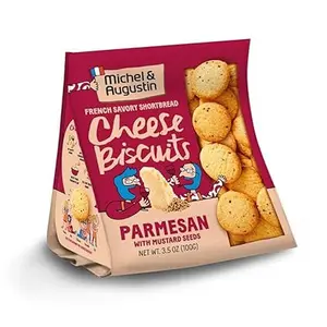Michel et Augustin Gourmet Crackers, Parmesan Cheese Biscuits with Mustard Seeds, Savory Party Crackers, French Snacks, 3.5 oz. Bags